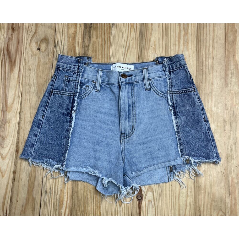 Flying Monkey Jeans High Waist Denim Moto Shorts 26 inch Light Wash Frayed